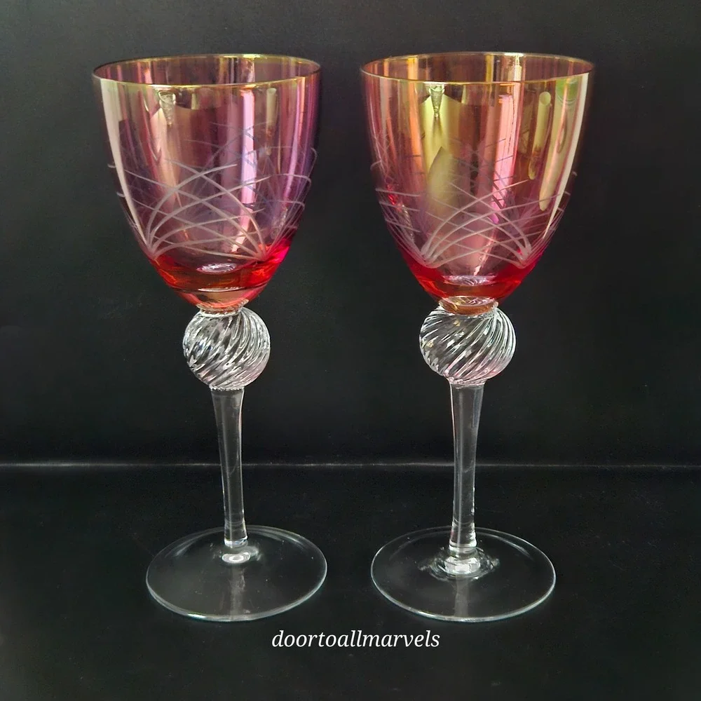 2 VTG Bohemian Hand-Blown Cranberry Cut-to-Clear Wine Glasses Optic Ball Stem